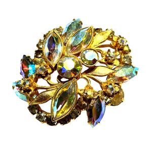 AB rhinestone brooch gold tone setting statement jewelry vintage mid century